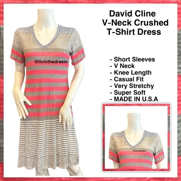 NWT David Cline V-Neck Short Sleeve T-Shirt Dress SZ Small Grey Red Stripe $119 - Picture 1 of 16